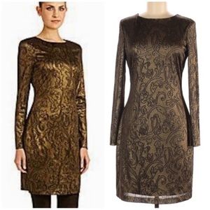 {Belle Badgley Mischka} Embossed Long Sleeve Sheath Dress in Gold - Women’s 4